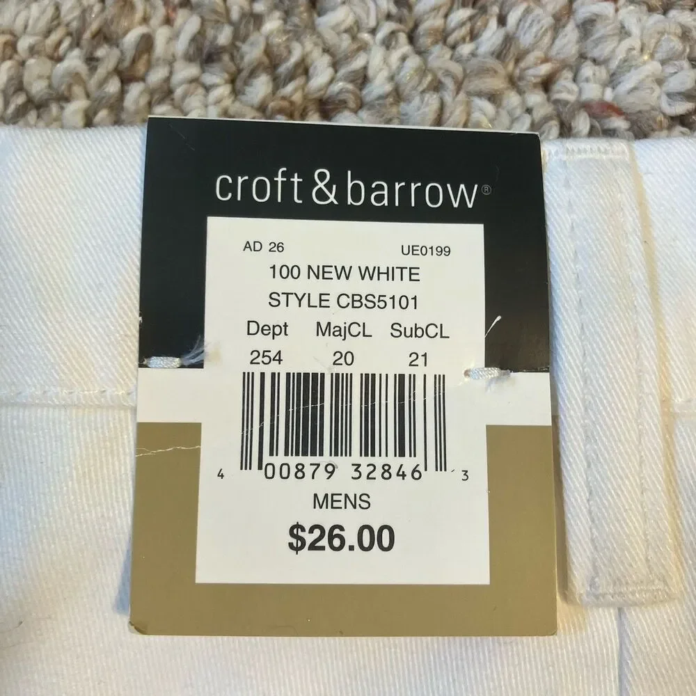 NWT Croft & Barrow Mens White Casual Shorts Size 34 Flat Front Wrinkle Resistant